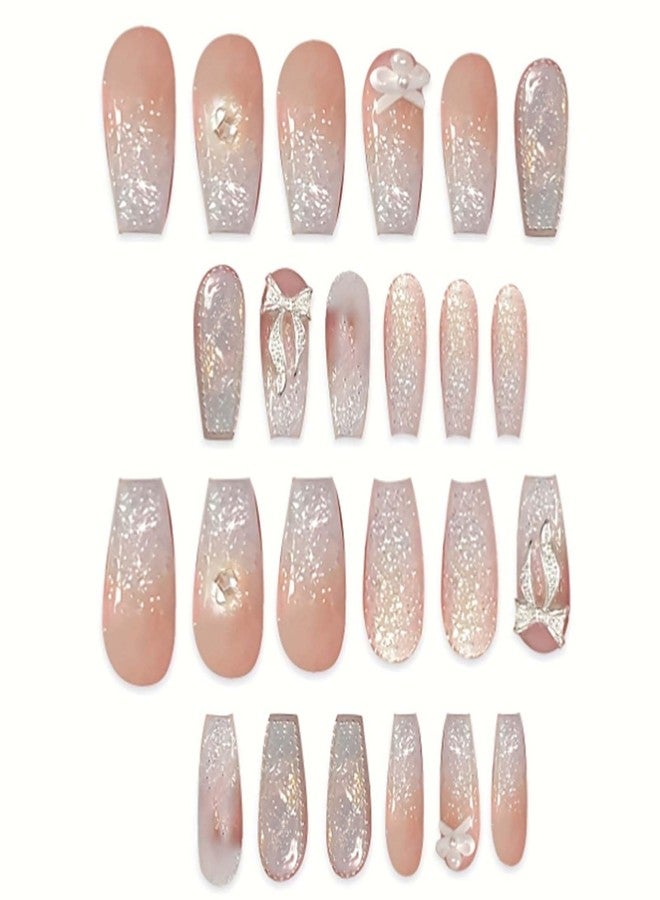 YoYoee Long Coffin Press on Nails Gradient Fake Nails Acrylic Glitter Pearls False Nails Bow Tie Full Cover Nails Tips for Women and Girls 24Pcs - Image 2
